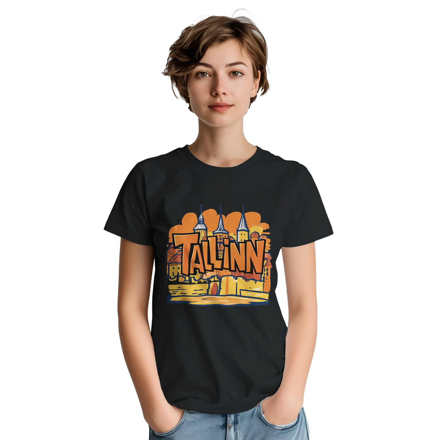 Tallinn Estonia Unisex Travel T-Shirt on wooden background with world map, passport, and boarding pass