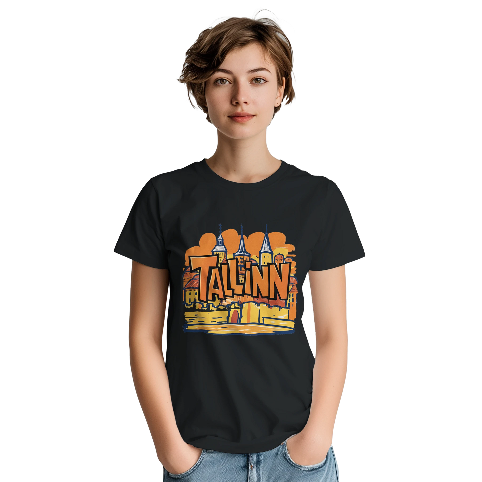 Tallinn Estonia Unisex Travel T-Shirt on wooden background with world map, passport, and boarding pass
