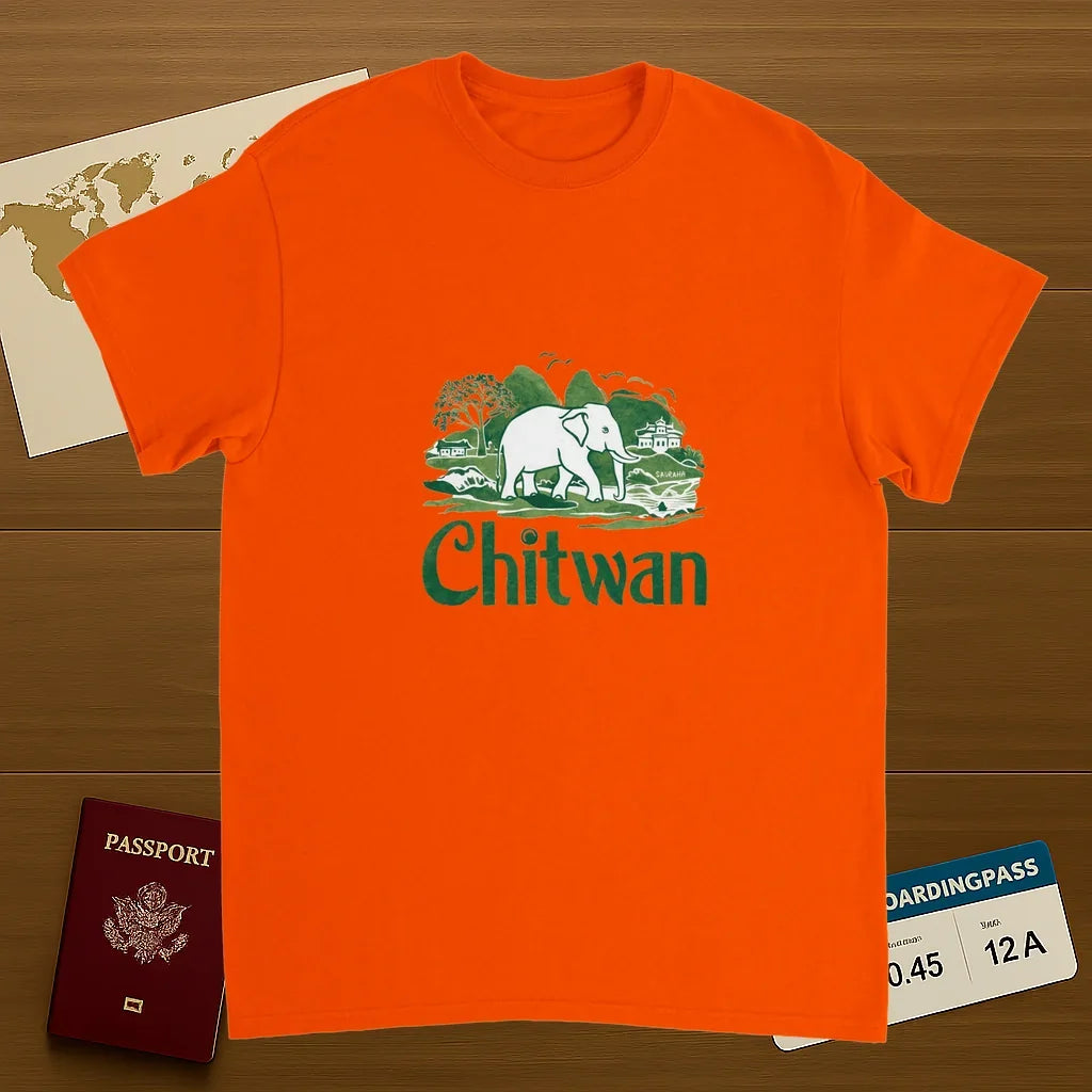orange Chitwan Nepal Unisex Travel T-Shirt on wooden background with world map, passport, and boarding pass