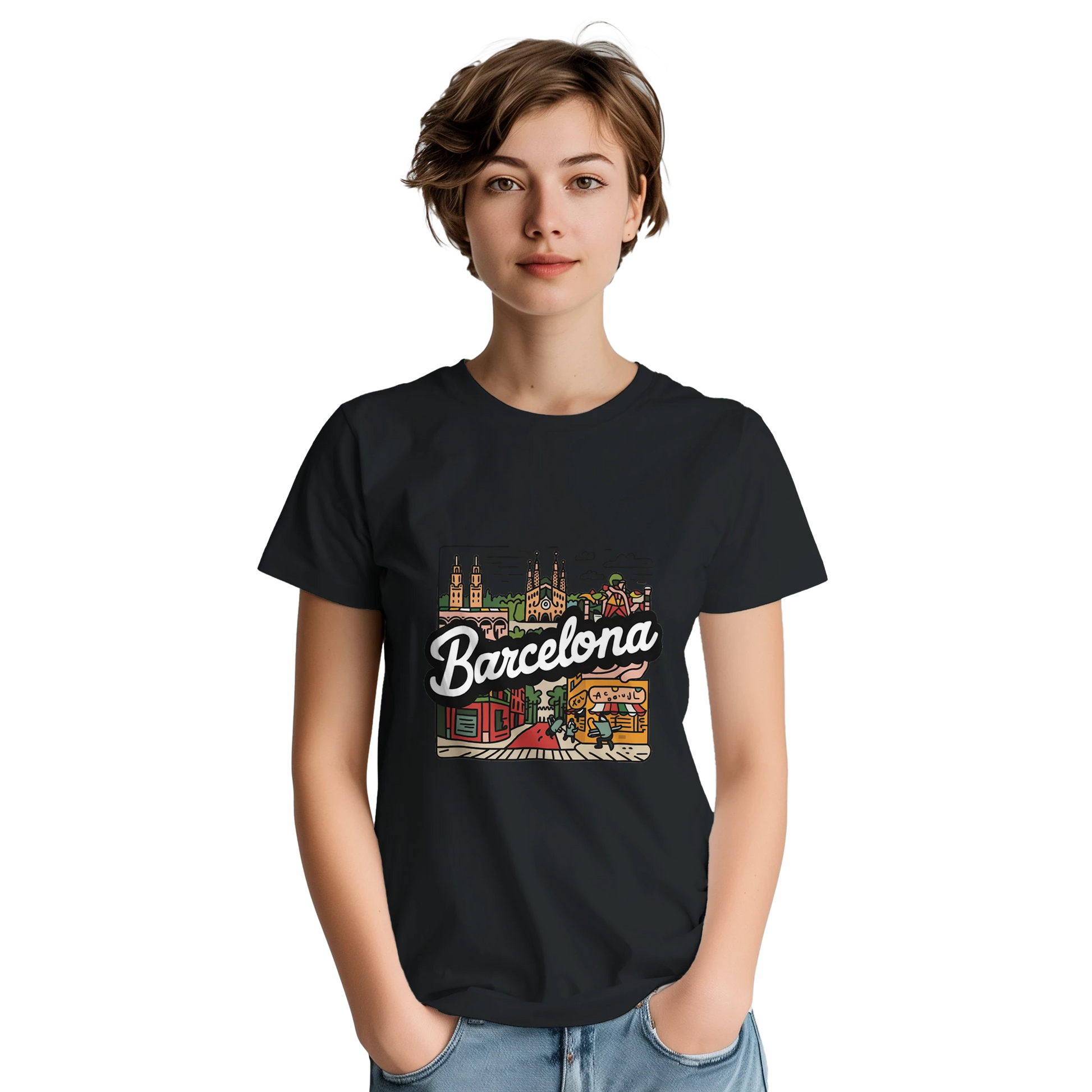 Barcelona Spain Unisex Travel T-Shirt featuring a person