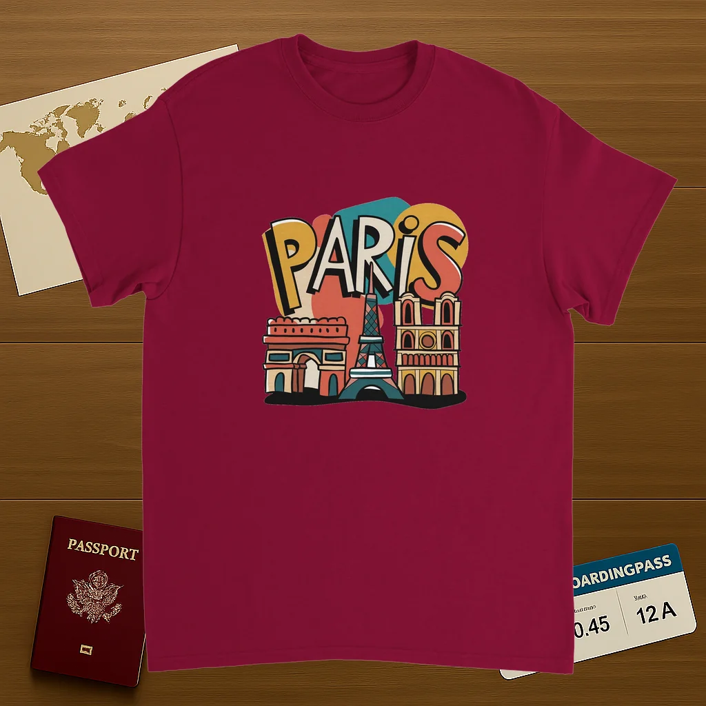cardinal red Paris France Unisex Travel T-Shirt on wooden background with world map, passport, and boarding pass