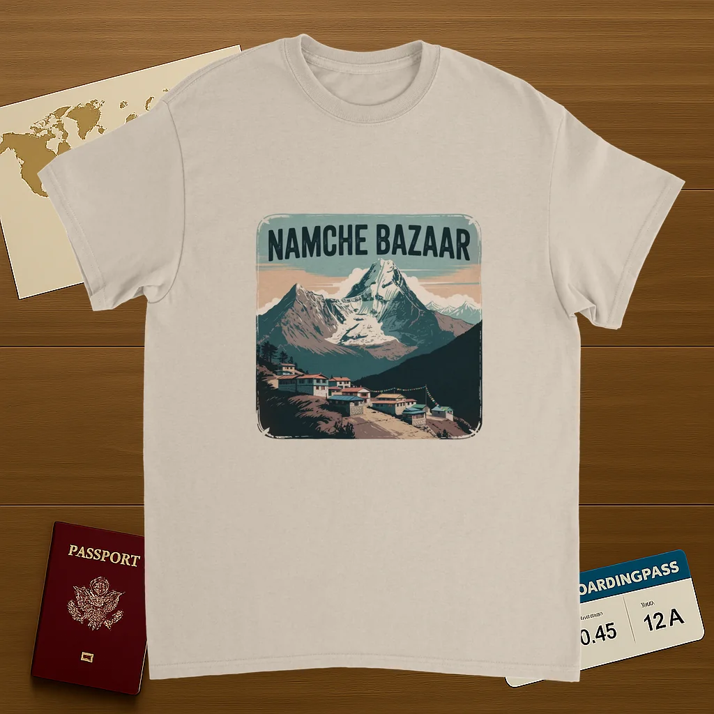 Namche Bazaar Nepal Unisex Travel T-Shirt on wooden background with world map, passport, and boarding pass