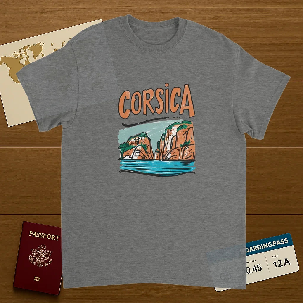 sport grey Corsica Unisex Travel T-Shirt on wooden background with world map, passport, and boarding pass