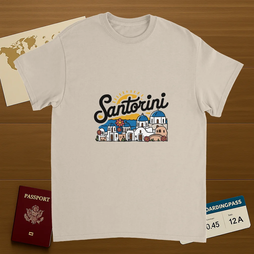 Santorini Greece Unisex Travel T-Shirt on wooden background with world map, passport, and boarding pass