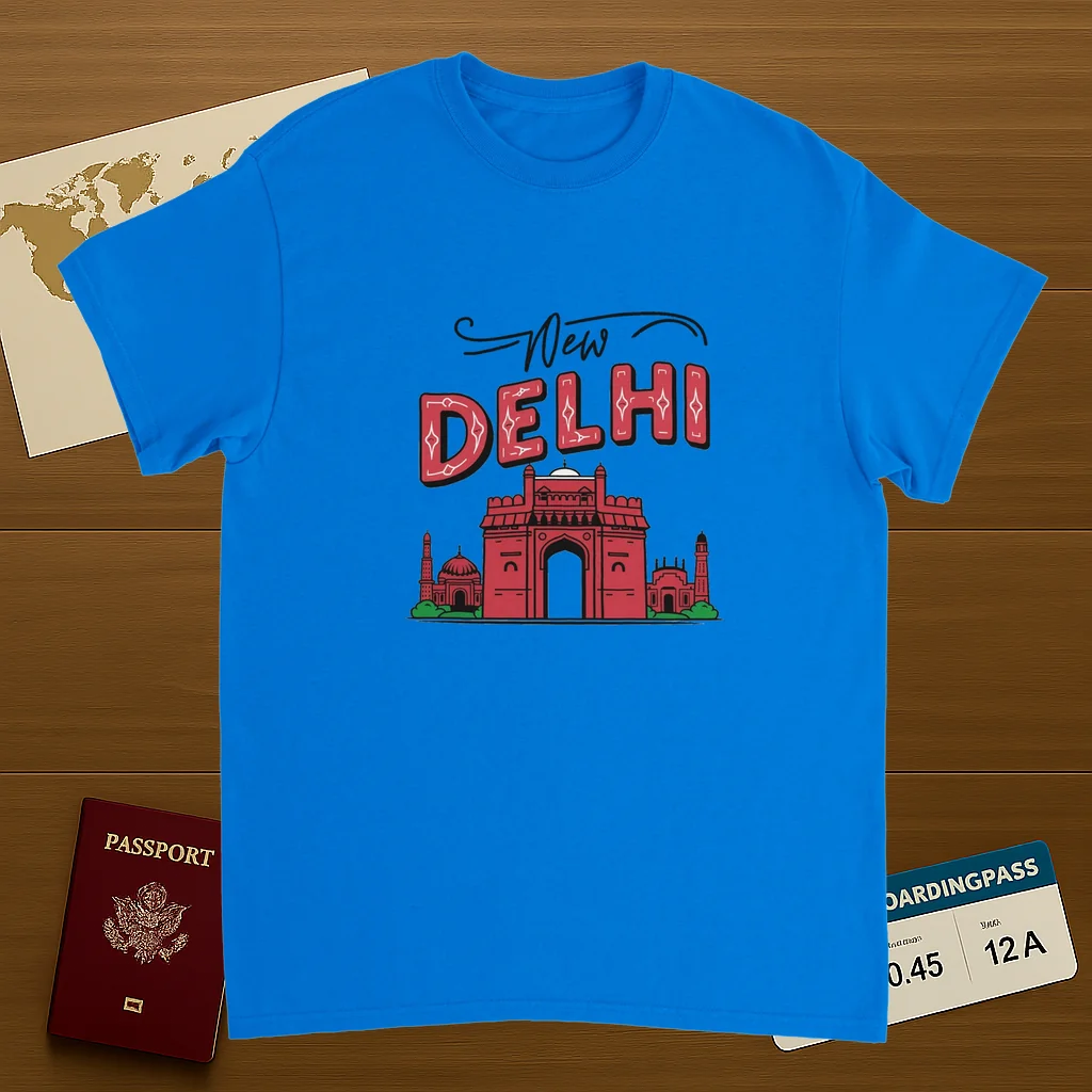 royal blue New Delhi India Unisex Travel T-Shirt on wooden background with world map, passport, and boarding pass