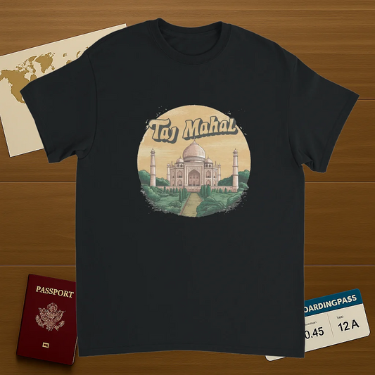 black Taj Mahal Agra India Unisex Travel T-Shirt on wooden background with world map, passport, and boarding pass
