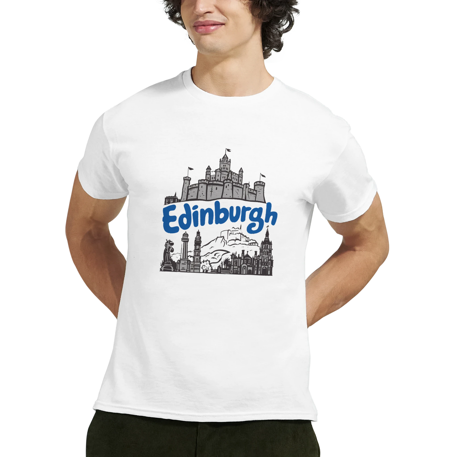 Edinburgh Scotland Unisex Travel T-Shirt on wooden background with world map, passport, and boarding pass
