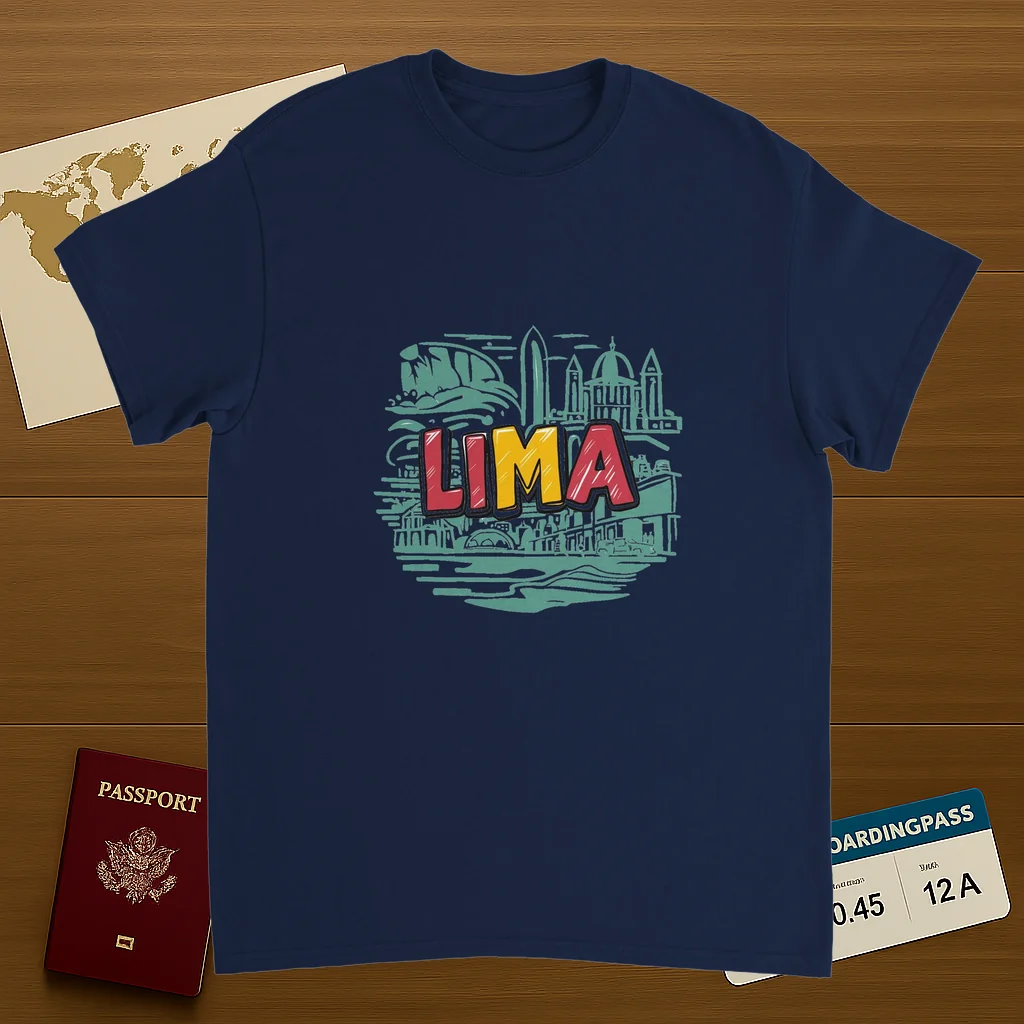 navy Lima Peru Unisex Travel T-Shirt on wooden background with world map, passport, and boarding pass