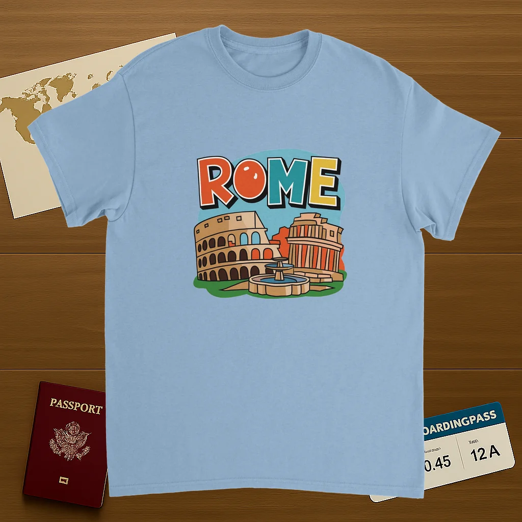 light blue Rome Italy Unisex Travel T-Shirt on wooden background with world map, passport, and boarding pass