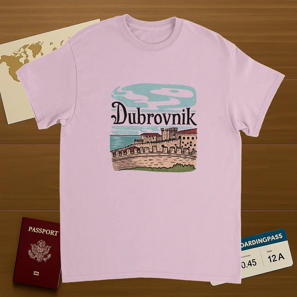 light pink Dubrovnik Croatia Unisex Travel T-Shirt on wooden background with world map, passport, and boarding pass