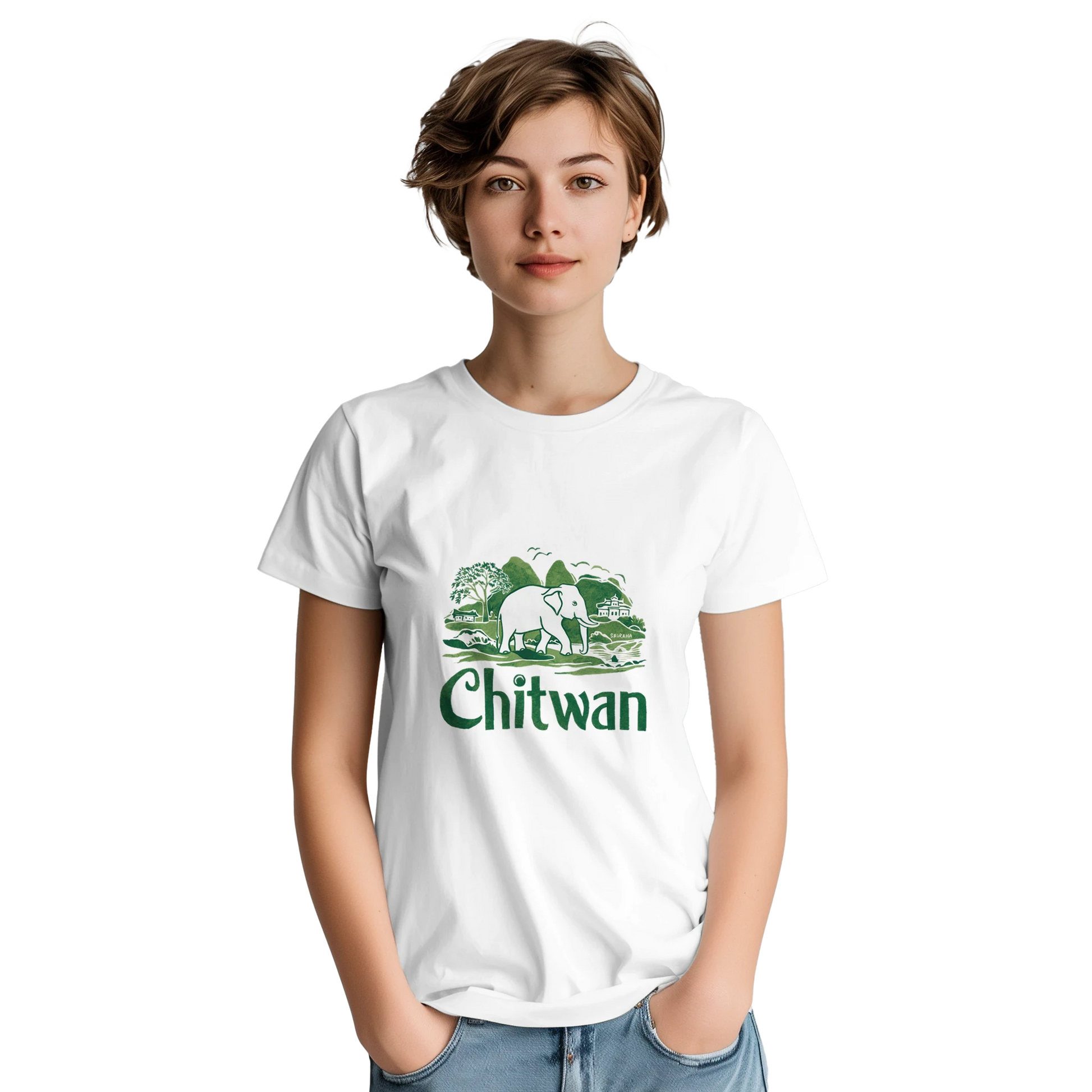 Chitwan Nepal Unisex Travel T-Shirt on wooden background with world map, passport, and boarding pass
