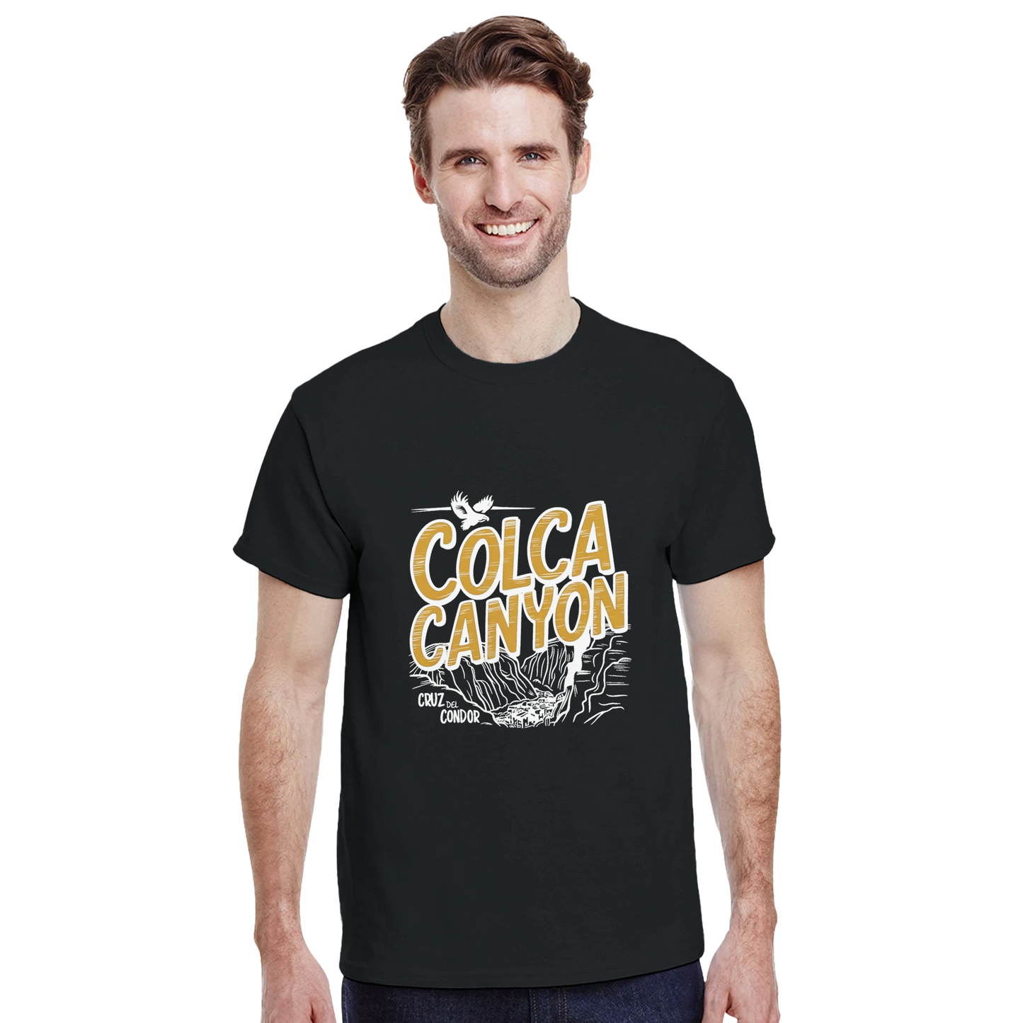 Colca Canyon Peru Unisex Travel T-Shirt featuring a man