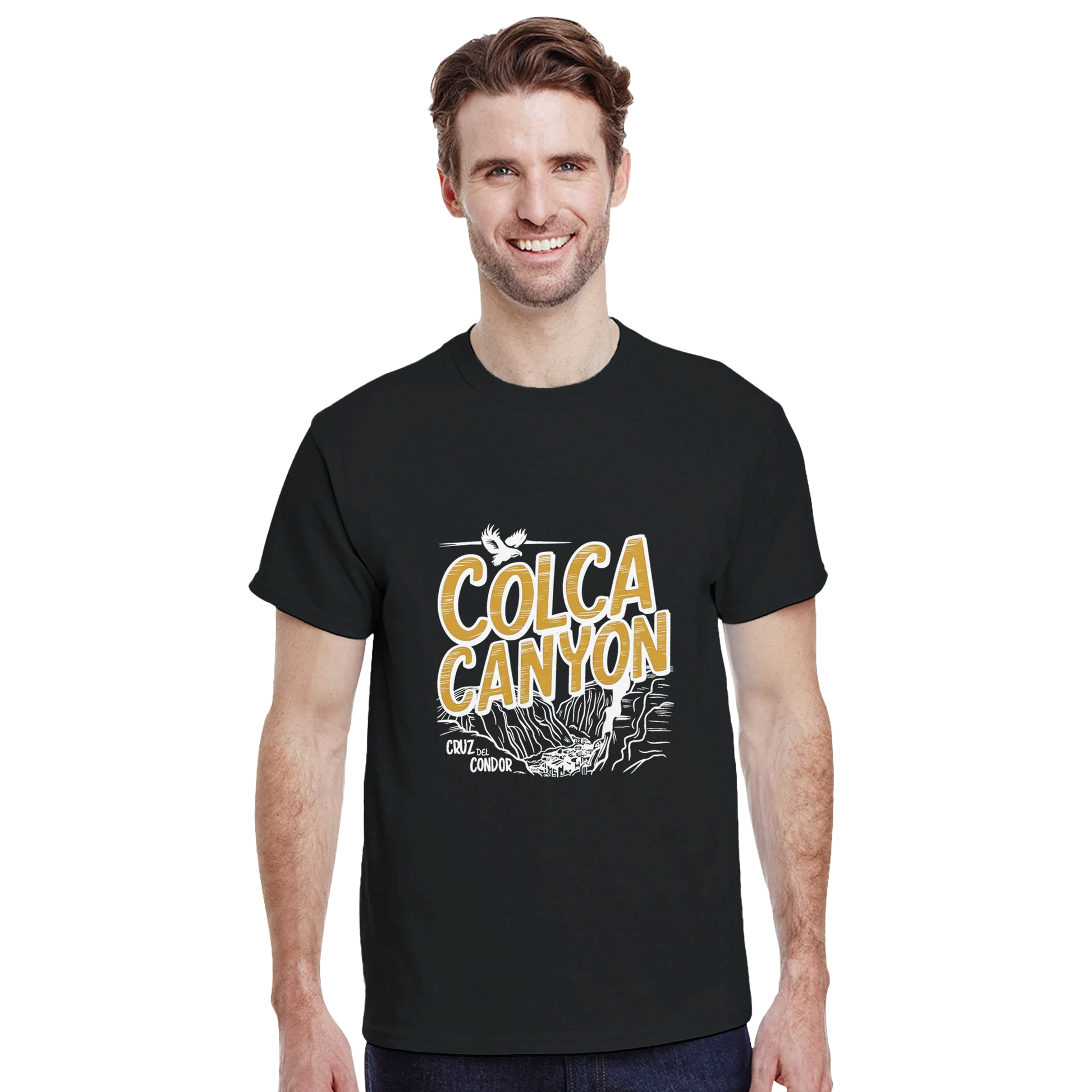 Colca Canyon Peru Unisex Travel T-Shirt featuring a man
