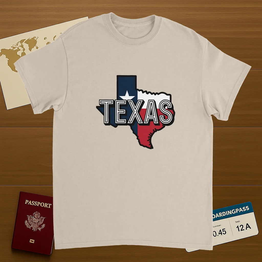 Texas USA Unisex Travel T-Shirt on wooden background with world map, passport, and boarding pass