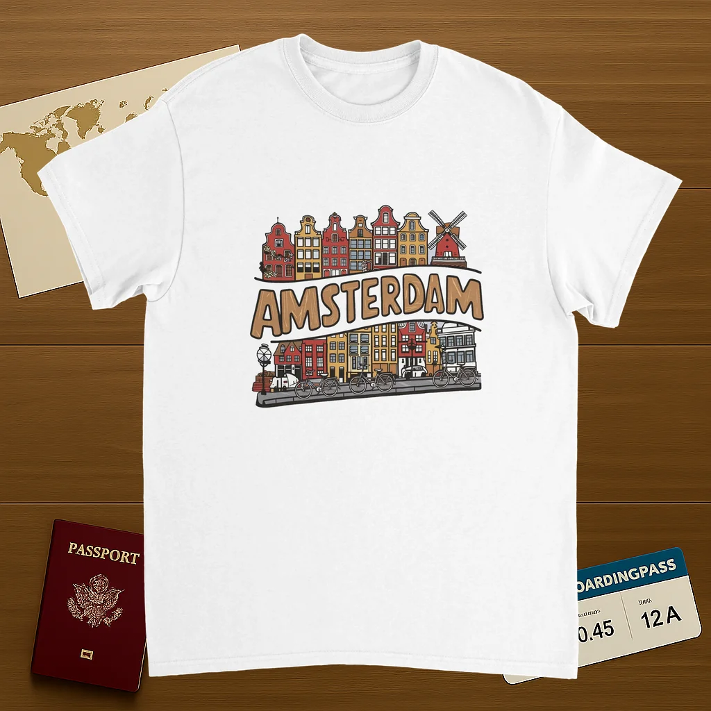 white Amsterdam Netherlands Unisex Travel T-Shirt on wooden background with world map, passport, and boarding pass