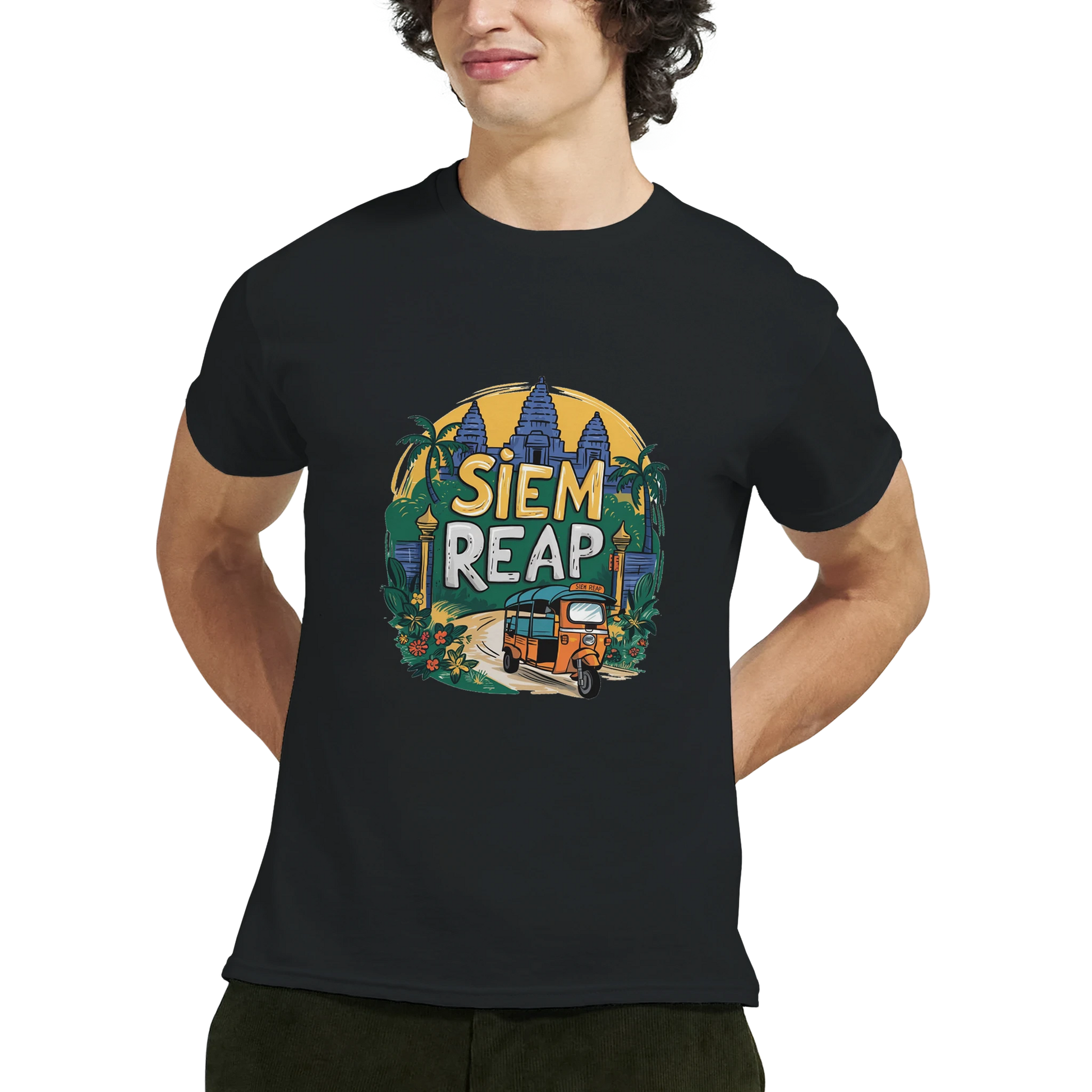 Siem Reap Cambodia Unisex Travel T-Shirt featuring a man from the front