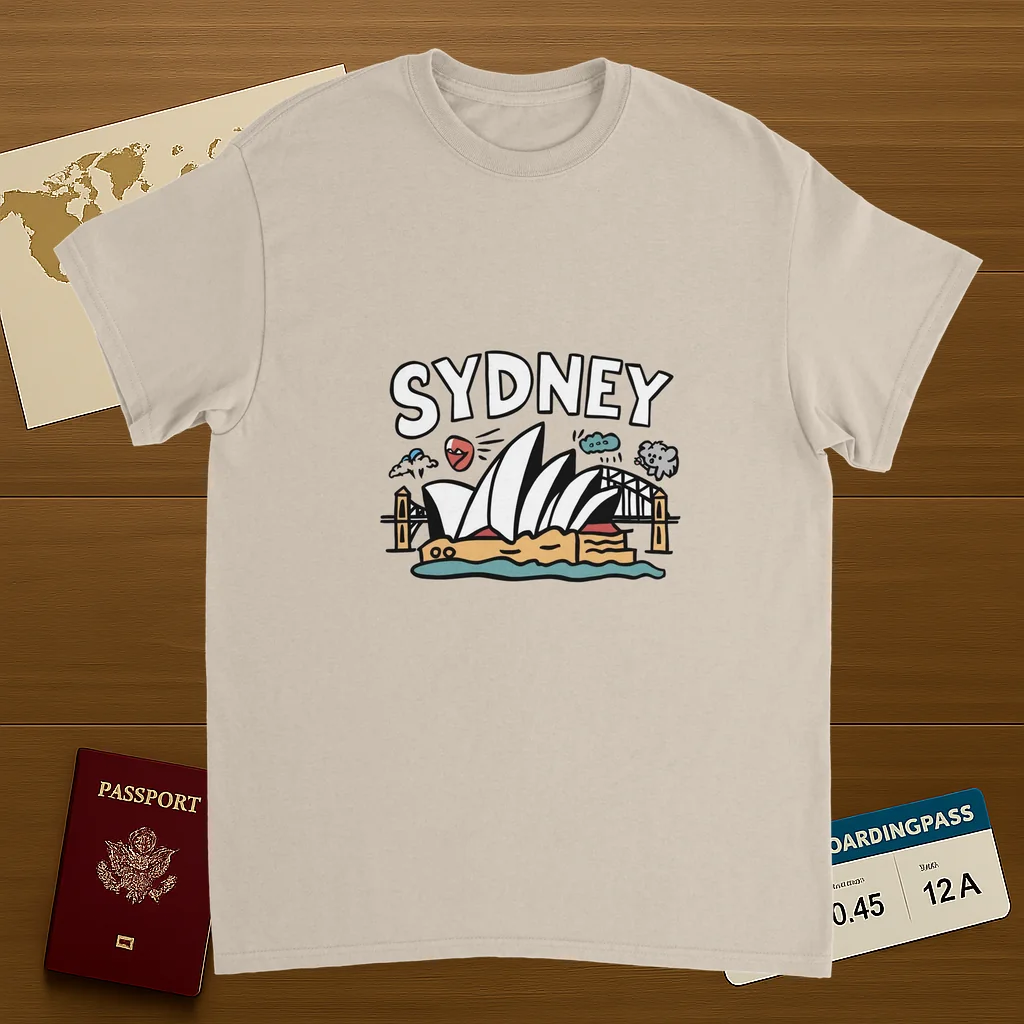 Sydney Australia Unisex Travel T-Shirt on wooden background with world map, passport, and boarding pass