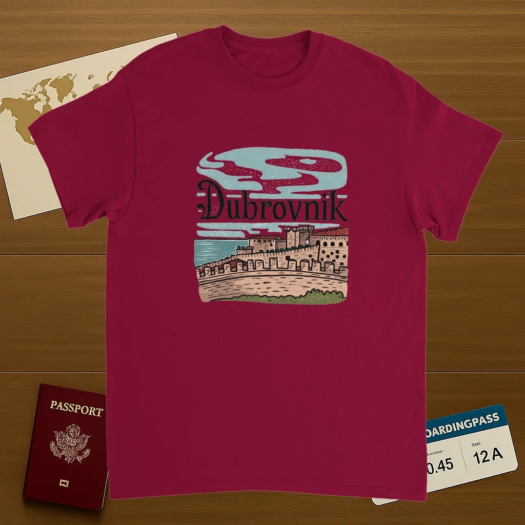 cardinal red Dubrovnik Croatia Unisex Travel T-Shirt on wooden background with world map, passport, and boarding pass