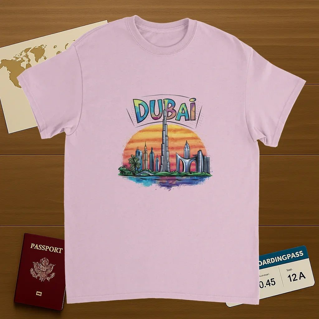 light pink Dubai Unisex Travel T-Shirt on wooden background with world map, passport, and boarding pass