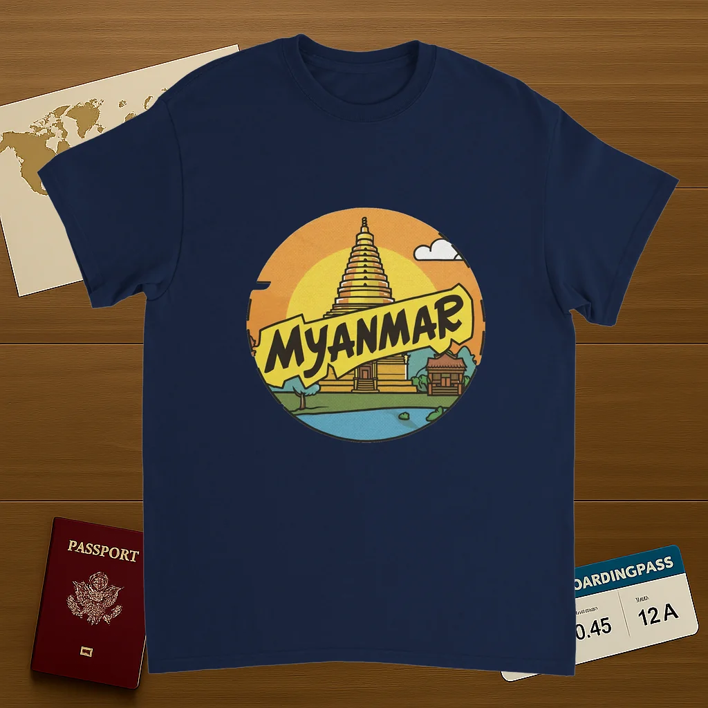 navy Myanmar Unisex Travel T-Shirt on wooden background with world map, passport, and boarding pass
