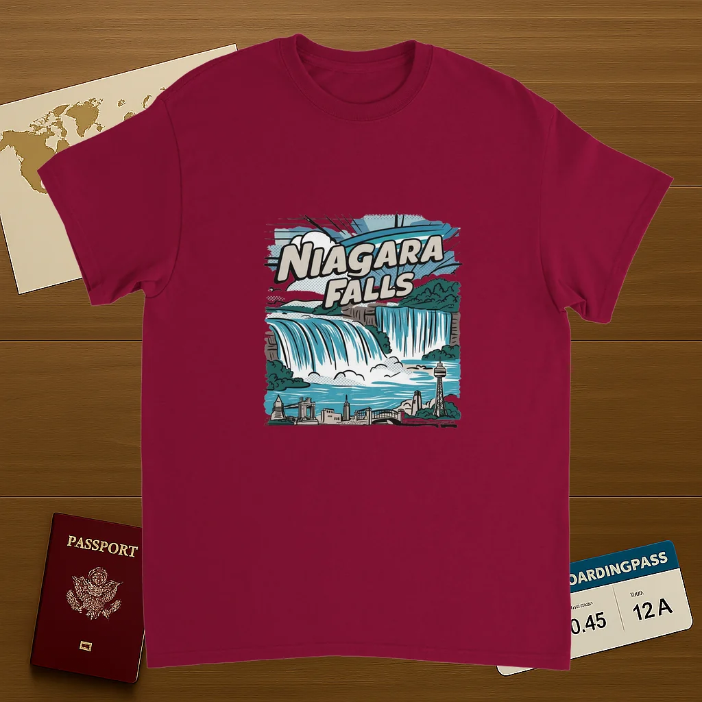 cardinal red Niagara Falls Unisex Travel T-Shirt on wooden background with world map, passport, and boarding pass