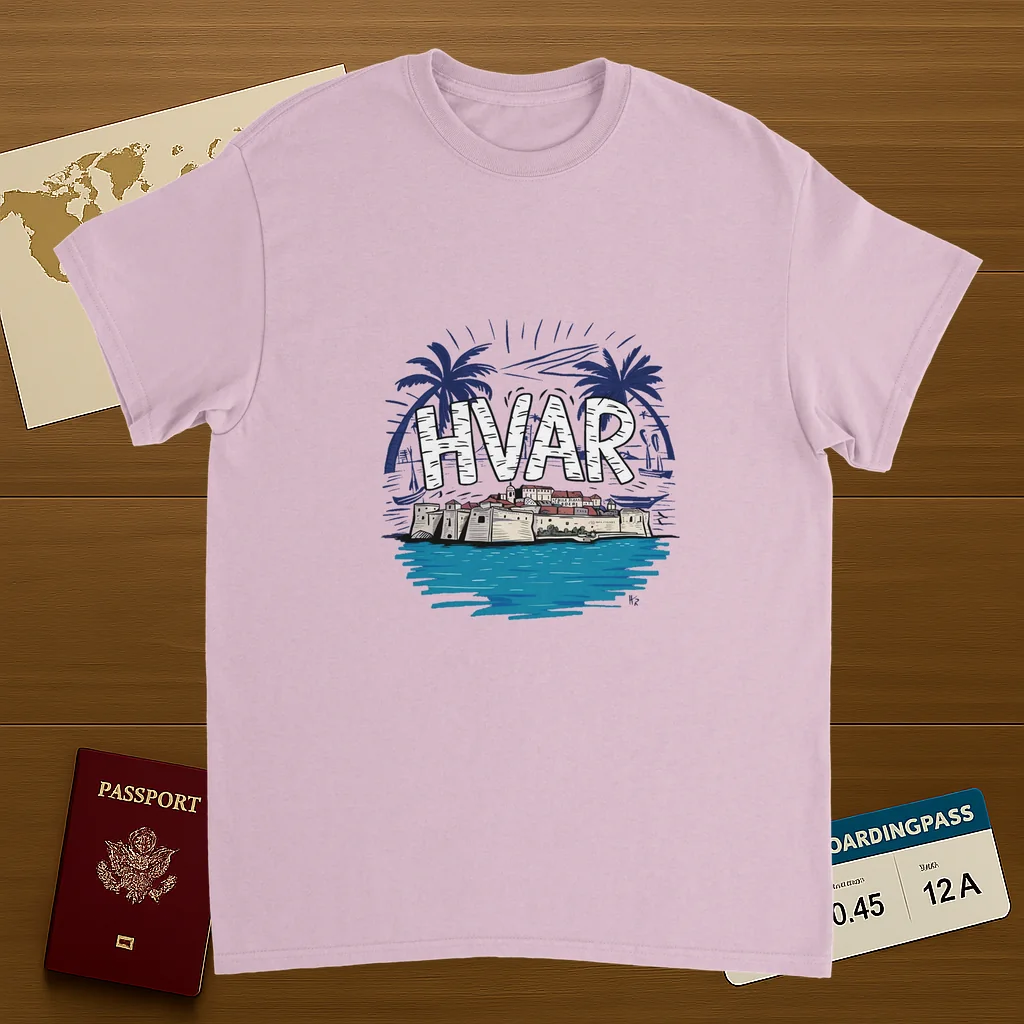 light pink Hvar Croatia Unisex Travel T-Shirt on wooden background with world map, passport, and boarding pass