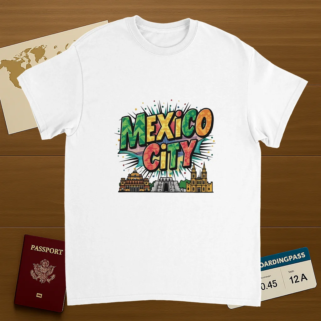 white Mexico City Unisex Travel T-Shirt on wooden background with world map, passport, and boarding pass
