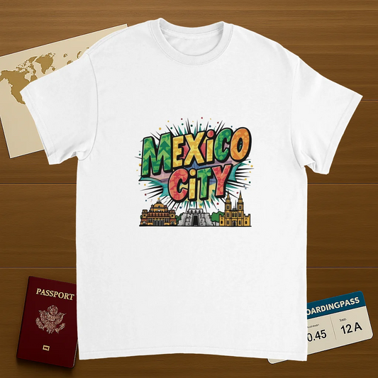 white Mexico City Unisex Travel T-Shirt on wooden background with world map, passport, and boarding pass