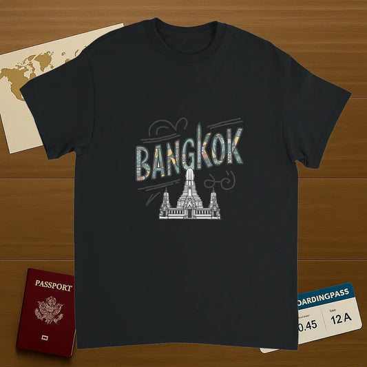 black Bangkok Thailand Unisex Travel T-Shirt on wooden background with world map, passport, and boarding pass