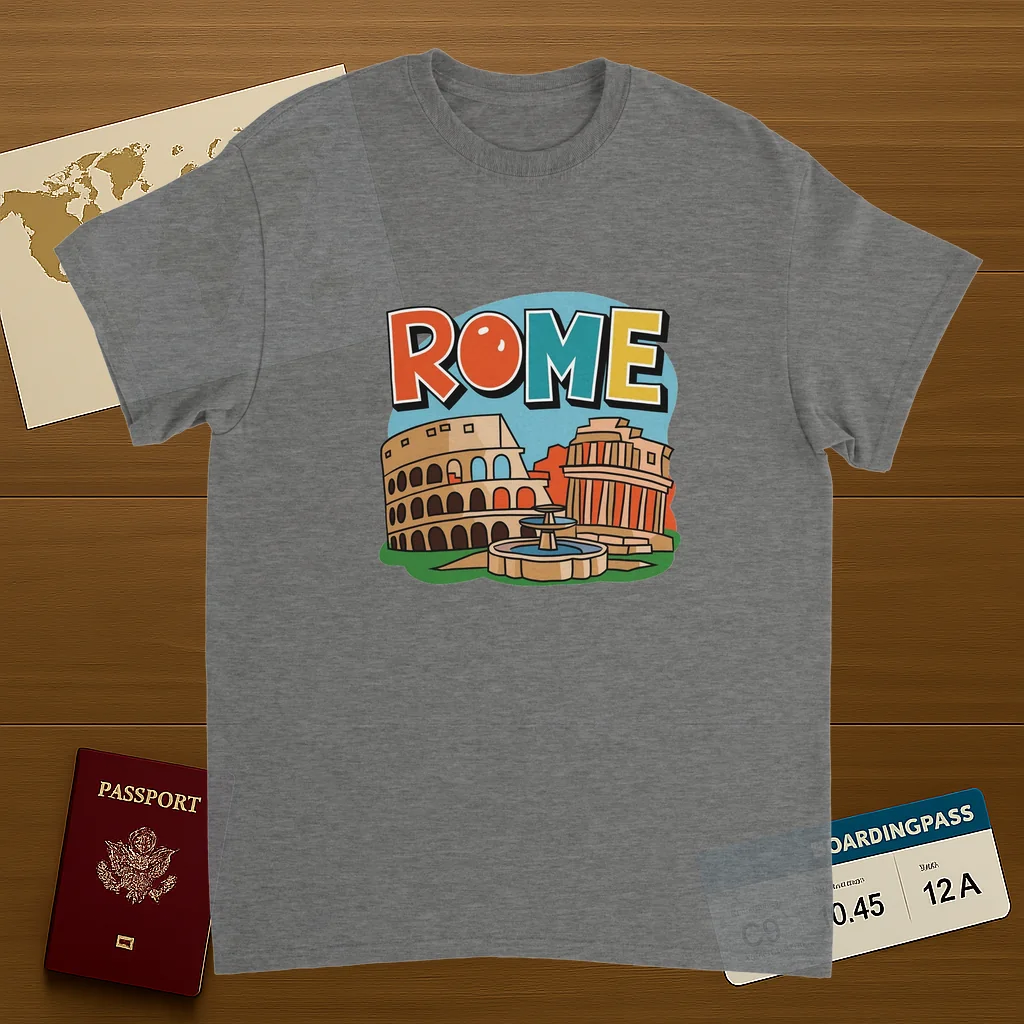 sport grey Rome Italy Unisex Travel T-Shirt on wooden background with world map, passport, and boarding pass