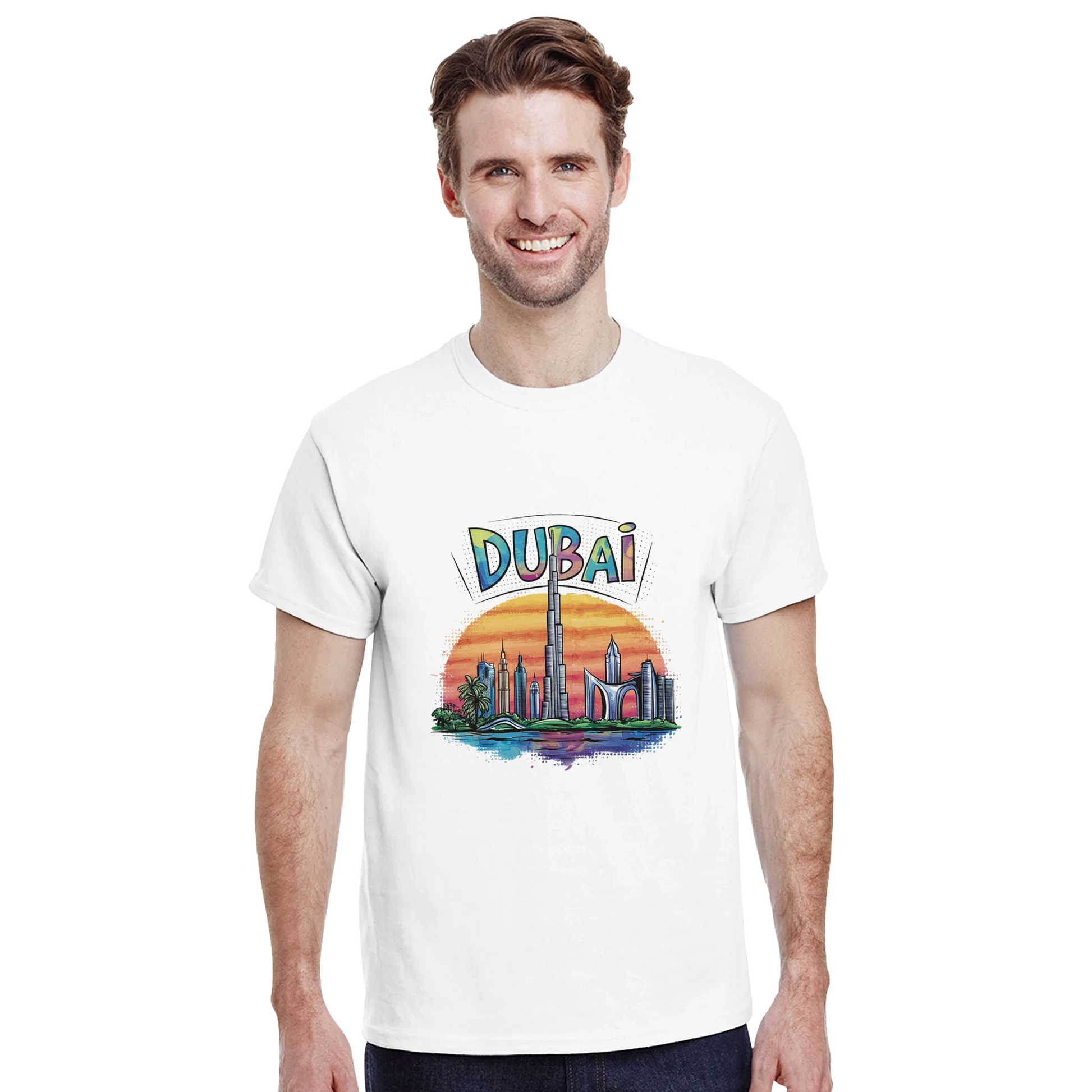 Dubai Unisex Travel T-Shirt featuring a man