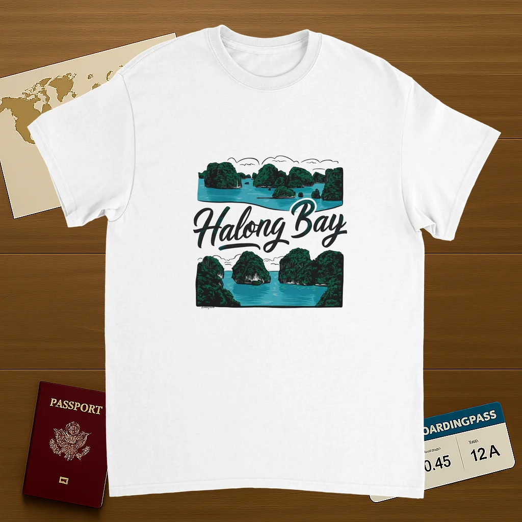 white Halong Bay Vietnam Unisex Travel T-Shirt on wooden background with world map, passport, and boarding pass