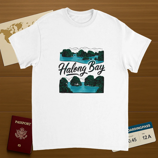 white Halong Bay Vietnam Unisex Travel T-Shirt on wooden background with world map, passport, and boarding pass