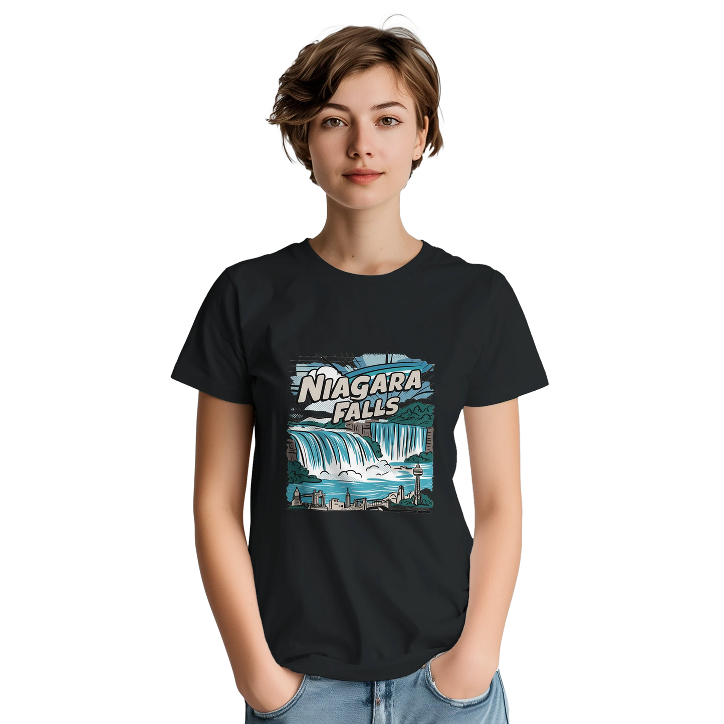 Niagara Falls Unisex Travel T-Shirt on wooden background with world map, passport, and boarding pass