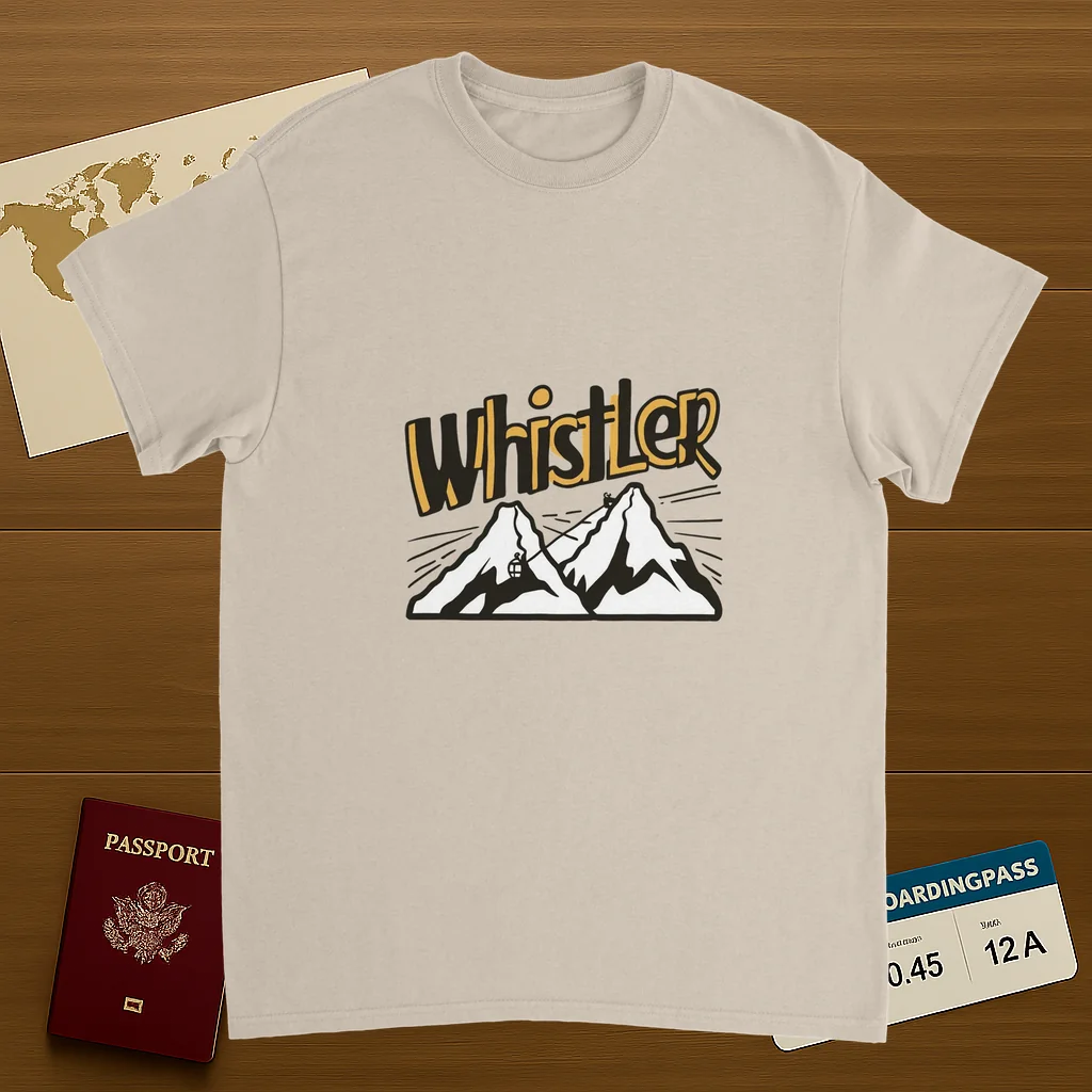 Whistler Canada Unisex Travel T-Shirt on wooden background with world map, passport, and boarding pass