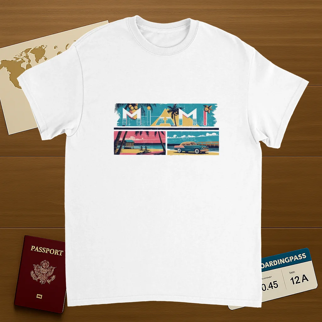 white Miami USA Unisex Travel T-Shirt featuring a person