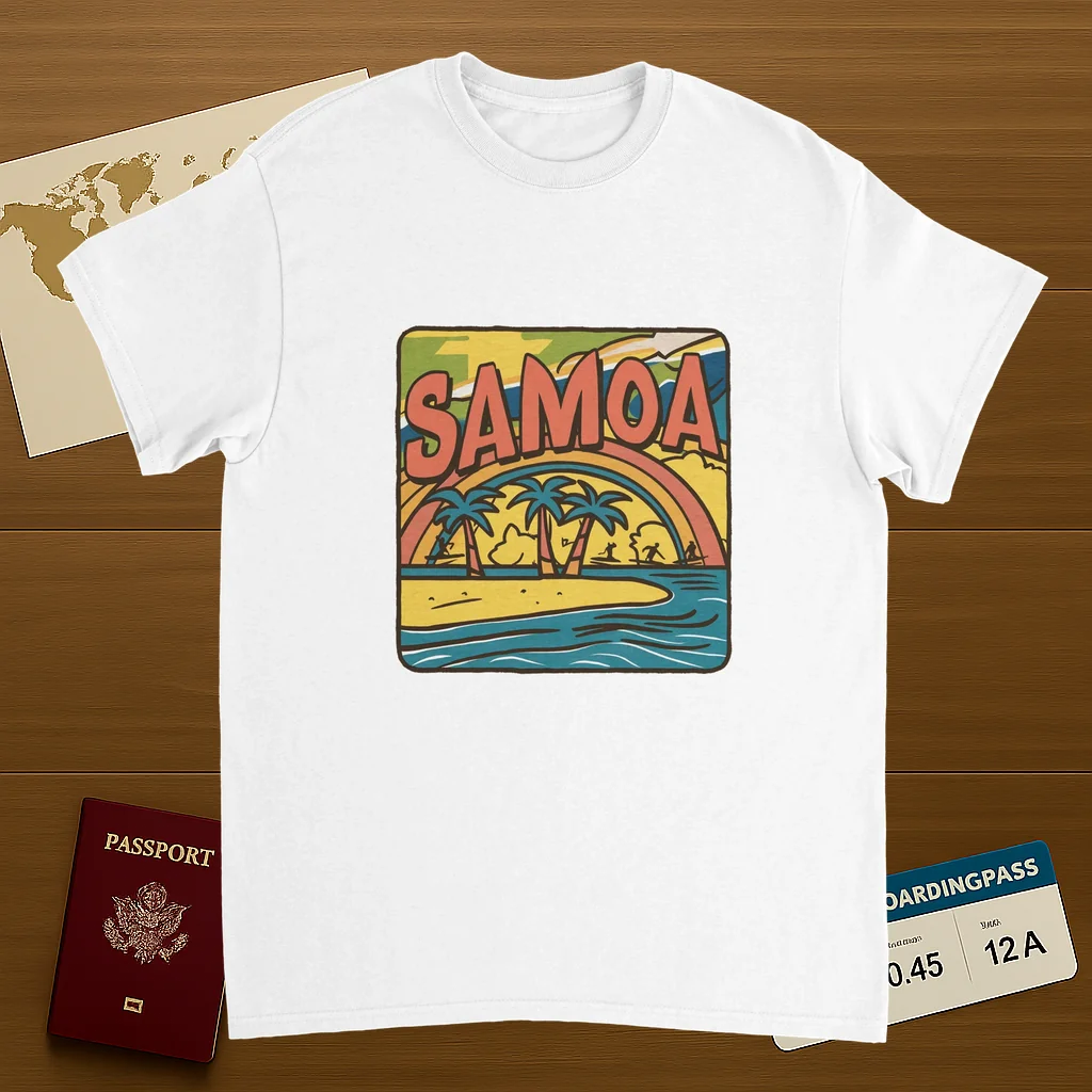 white Samoa Unisex Travel T-Shirt on wooden background with world map, passport, and boarding pass