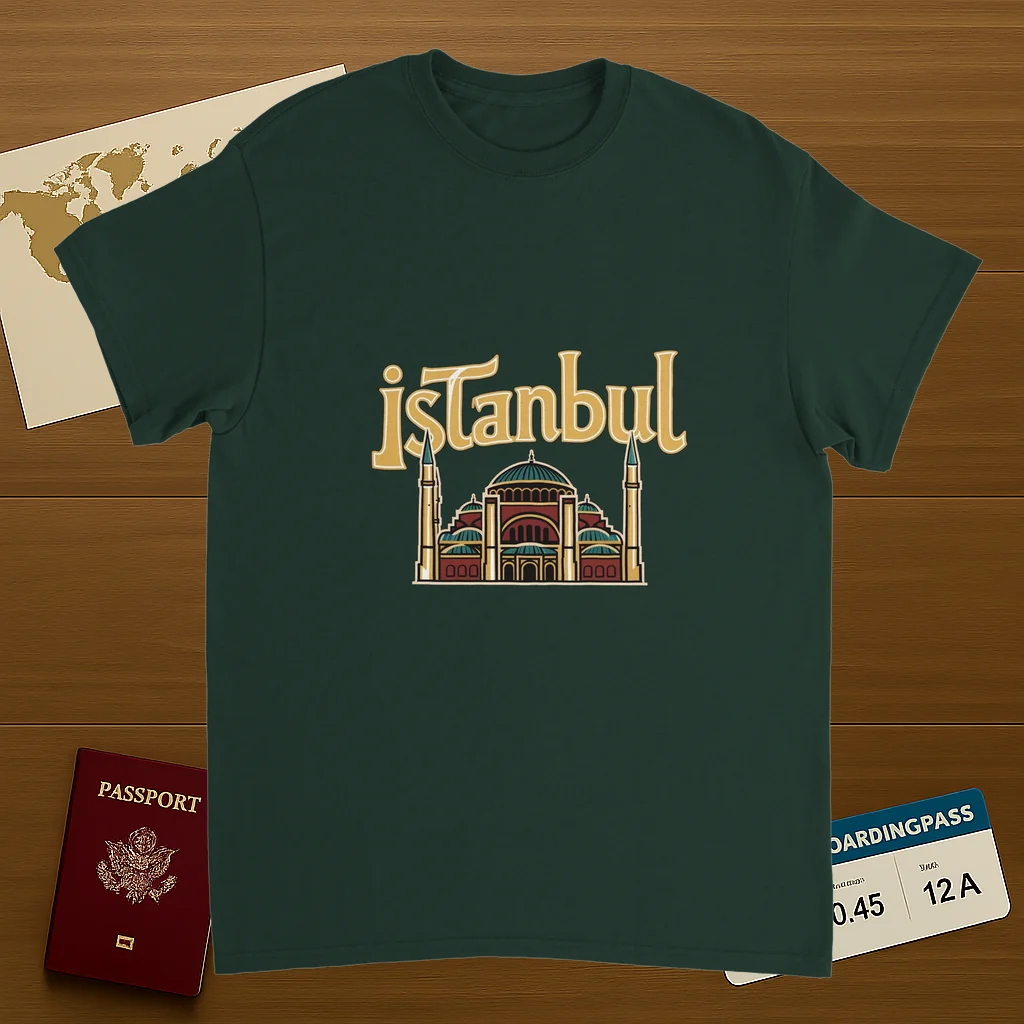 forest green Istanbul Turkey Unisex Travel T-Shirt on wooden background with world map, passport, and boarding pass