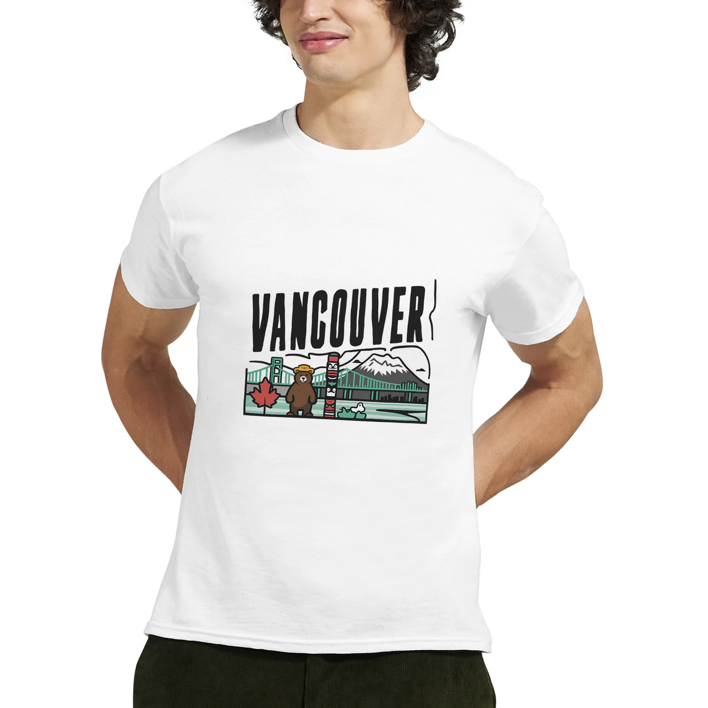 Vancouver Canada Unisex Travel T-Shirt on wooden background with world map, passport, and boarding pass