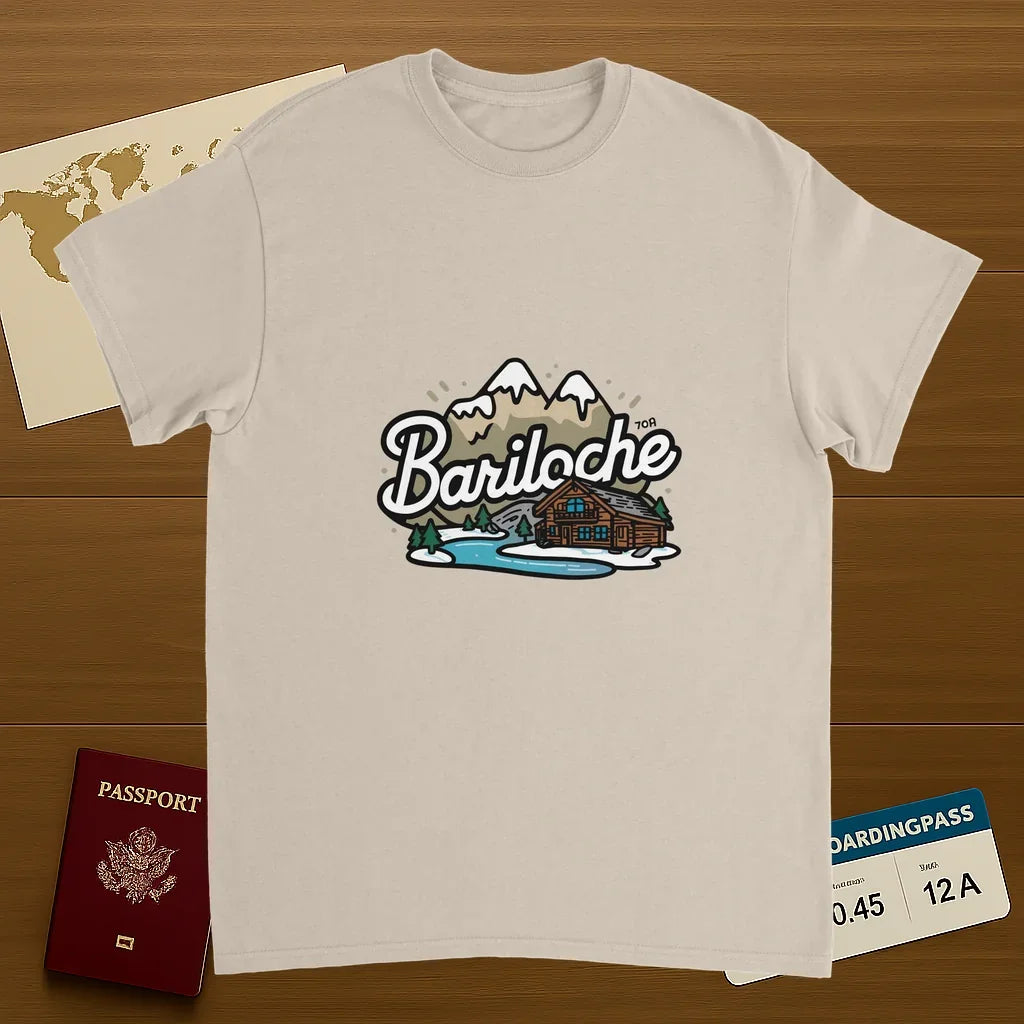 Bariloche Argentina Unisex Travel T-Shirt on wooden background with world map, passport, and boarding pass