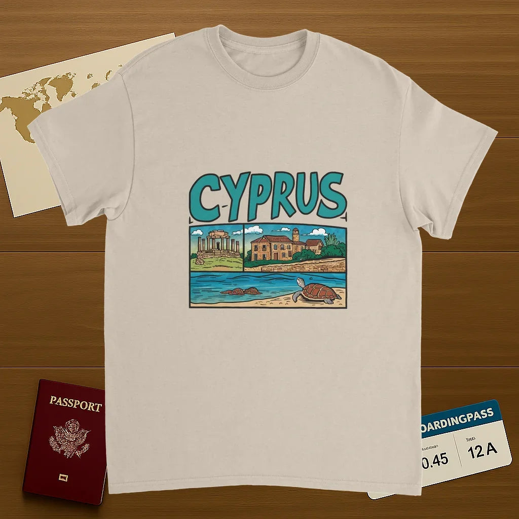 Cyprus Unisex Travel T-Shirt on wooden background with world map, passport, and boarding pass