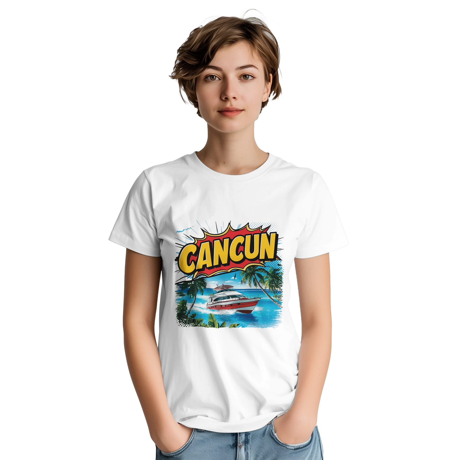 Cancún Mexico Unisex Travel T-Shirt on wooden background with world map, passport, and boarding pass