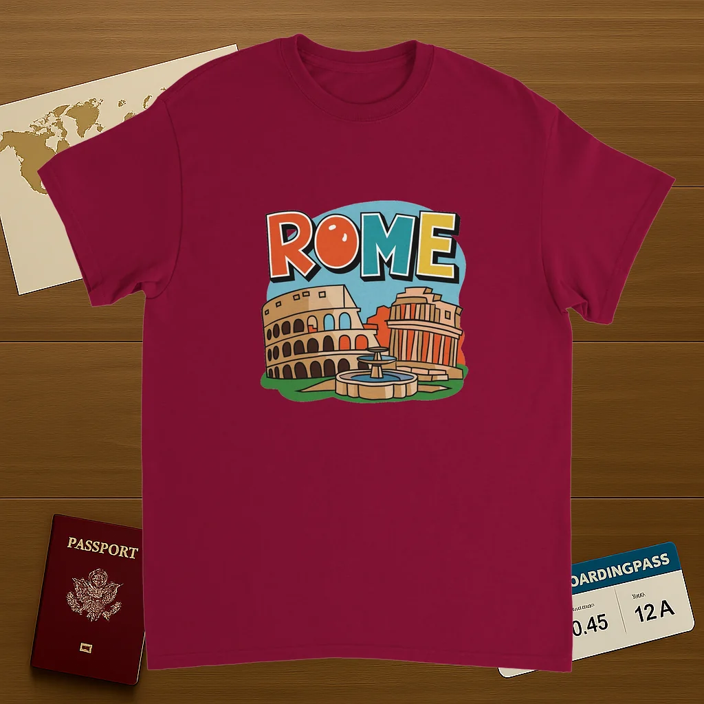 cardinal red Rome Italy Unisex Travel T-Shirt on wooden background with world map, passport, and boarding pass