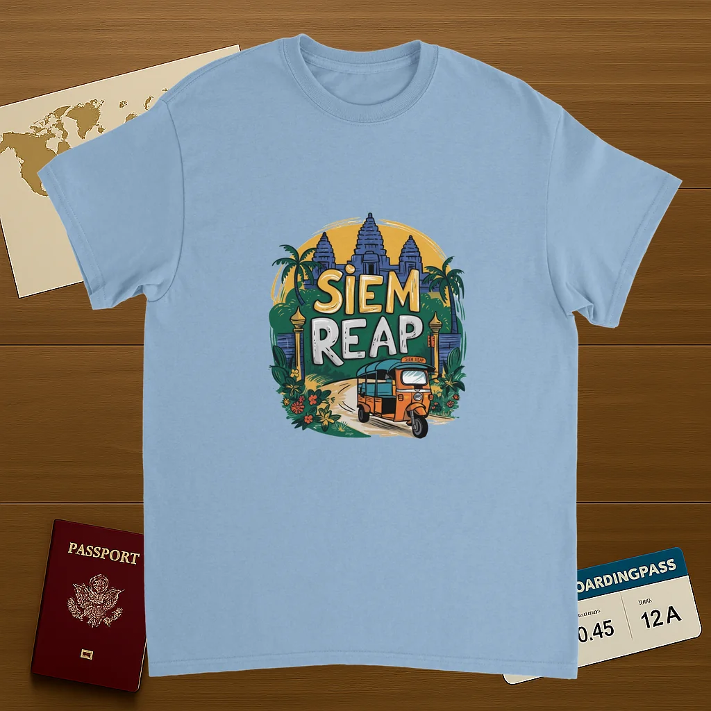 light blue Siem Reap Cambodia Unisex Travel T-Shirt on wooden background with world map, passport, and boarding pass