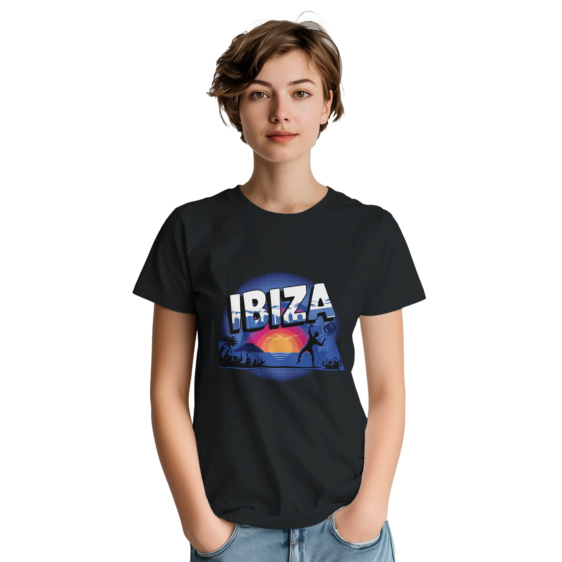 Ibiza Unisex Travel T-Shirt on wooden background with world map, passport, and boarding pass