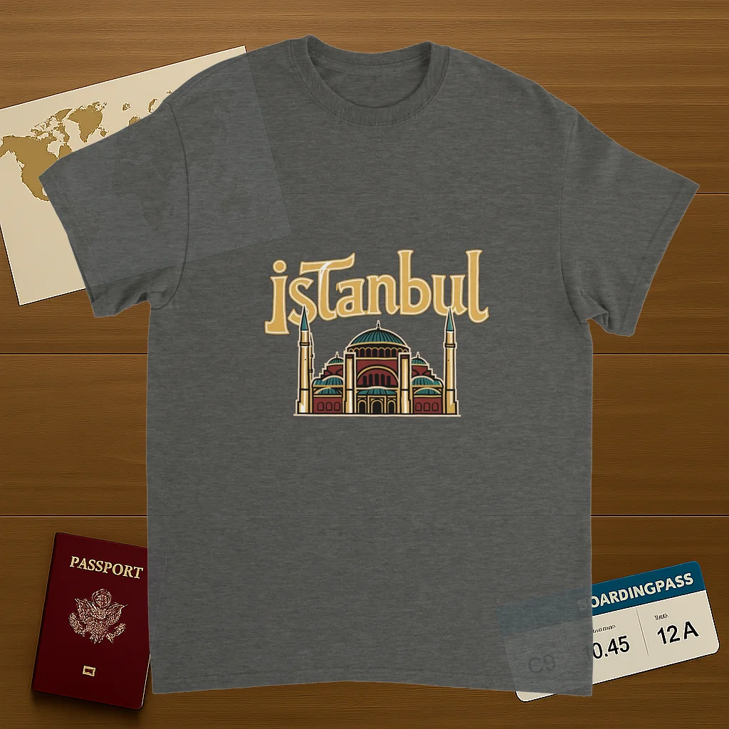 Istanbul Turkey Unisex Travel T-Shirt on wooden background with world map, passport, and boarding pass