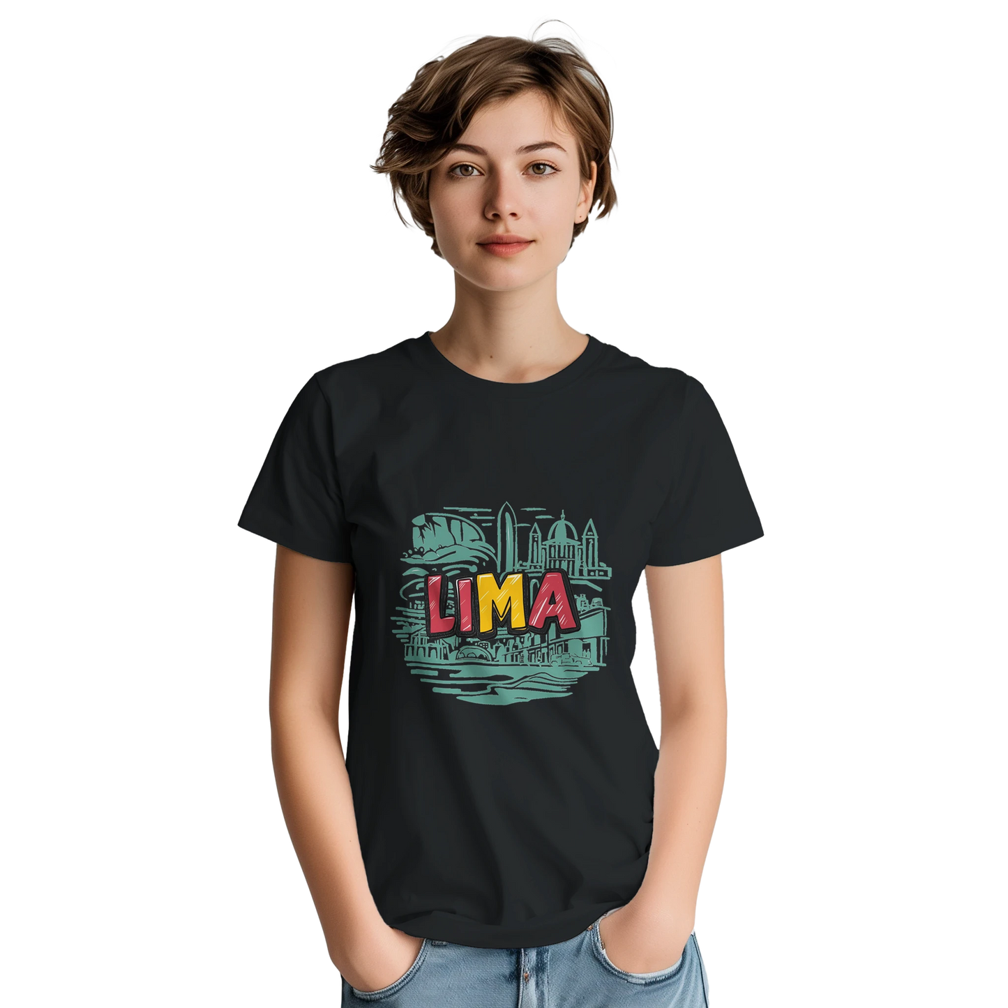 Lima Peru Unisex Travel T-Shirt on wooden background with world map, passport, and boarding pass
