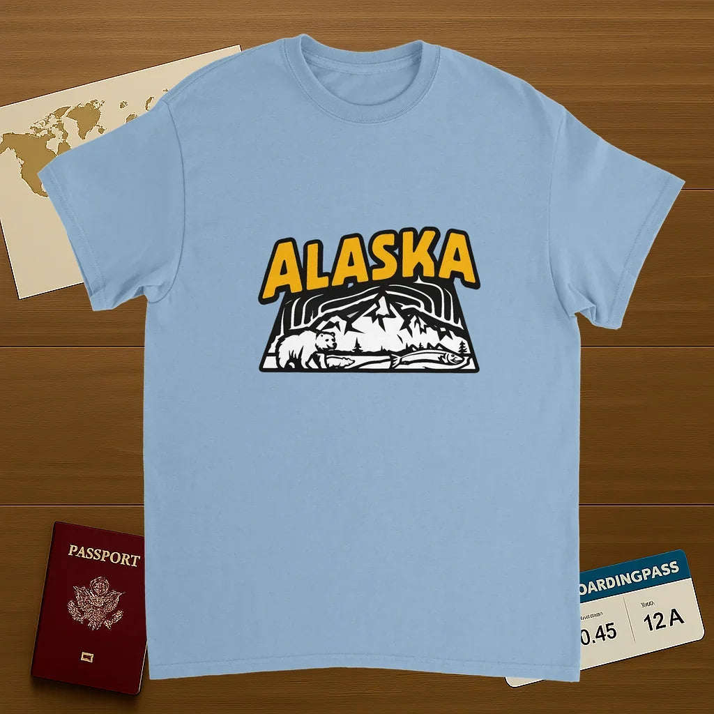 light blue Alaska USA Unisex Travel T-Shirt on wooden background with world map, passport, and boarding pass