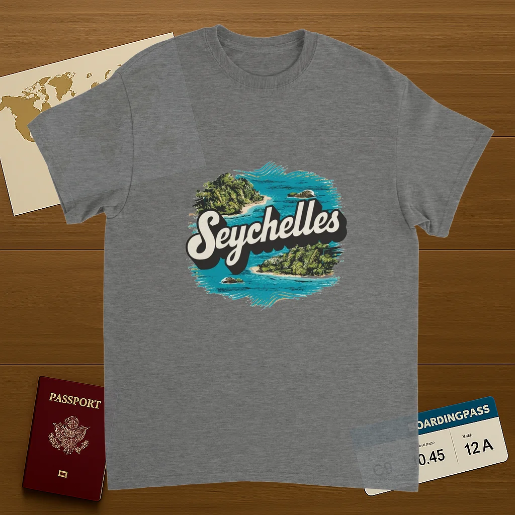 sport grey Seychelles Unisex Travel T-Shirt on wooden background with world map, passport, and boarding pass
