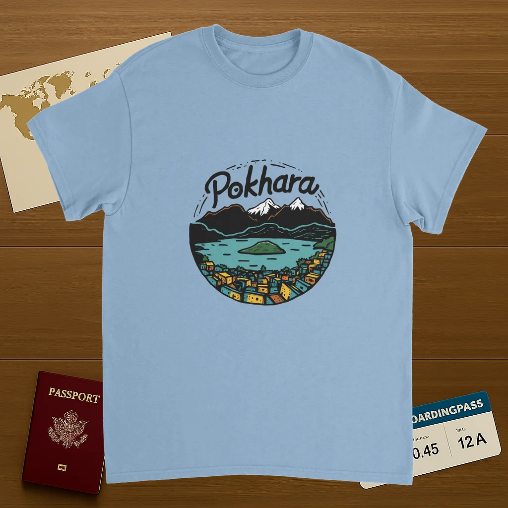 light blue Pokhara Nepal Unisex Travel T-Shirt on wooden background with world map, passport, and boarding pass